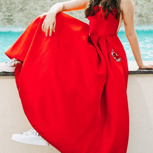 Red Satin Gown w/ Spaghetti Straps, Rhinestone Pockets, Mesh Side Panel - size 8 - Picture 8 of 8